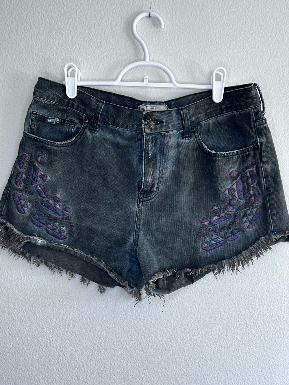 VINTAGE Free People Black Denim Frayed Hem Shorts with Purple Embroidery